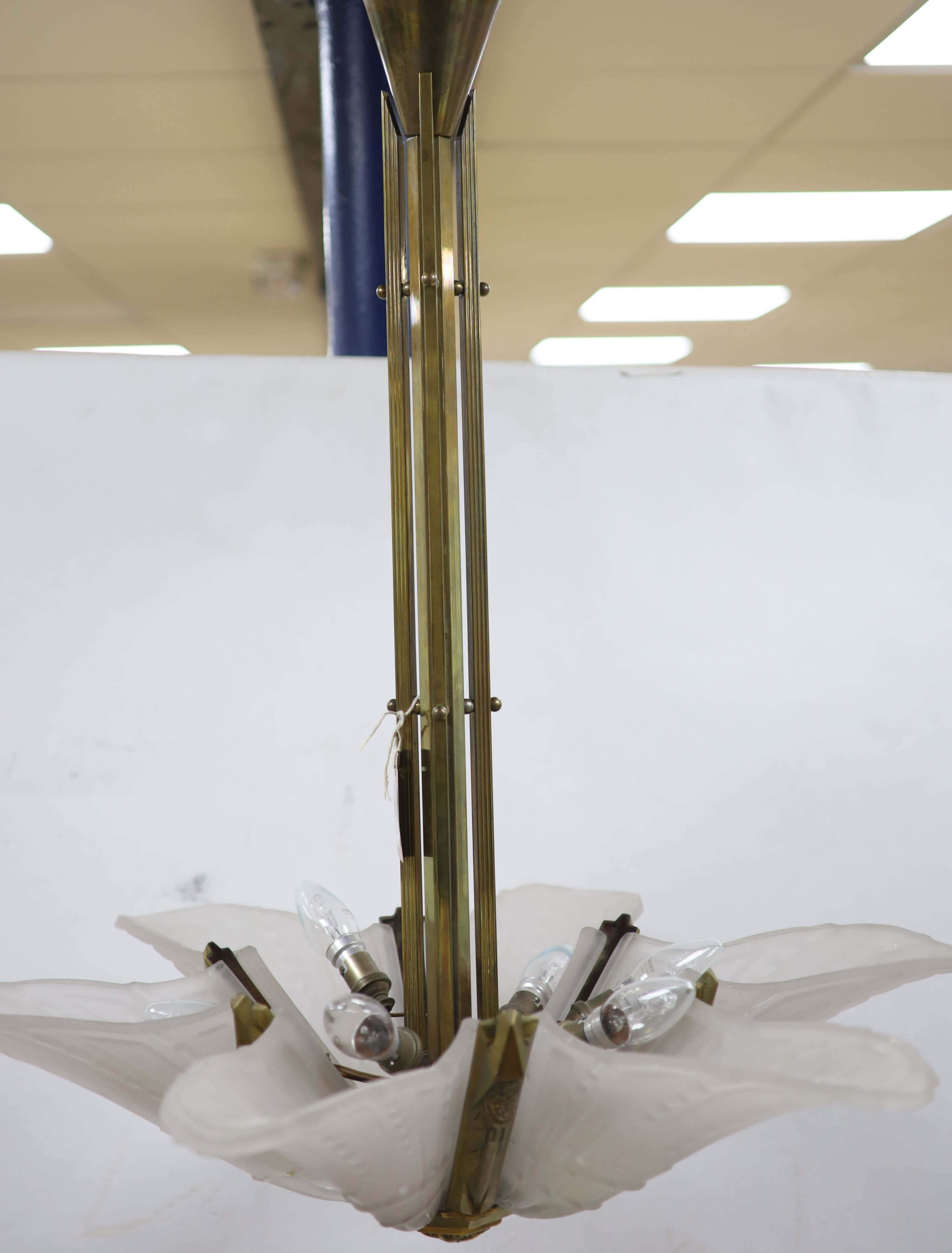 An Art Deco style large frosted glass and brass handing ceiling light 80cm drop